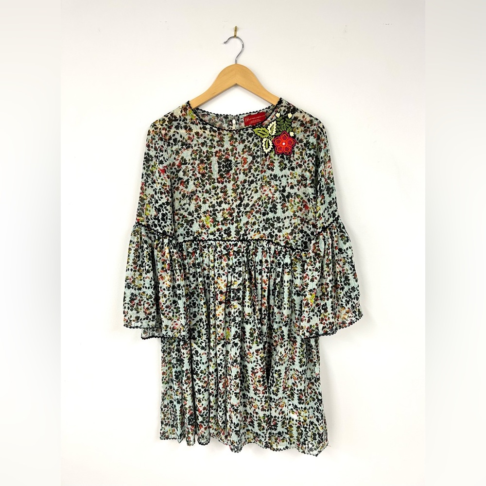 Sheer Floral Bhanuni Bell Sleeve Dress